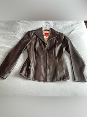 Cole Haan Dark Brown Leather Zip Jacket with Contrast Stitching
